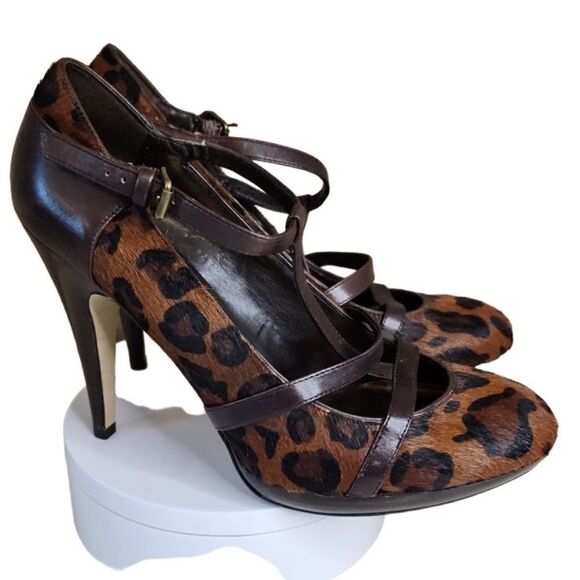 Nine West- Leopard Print Dyed Hair Guffaw T Strap Heels Pumps, Size 8 - Picture 1 of 12